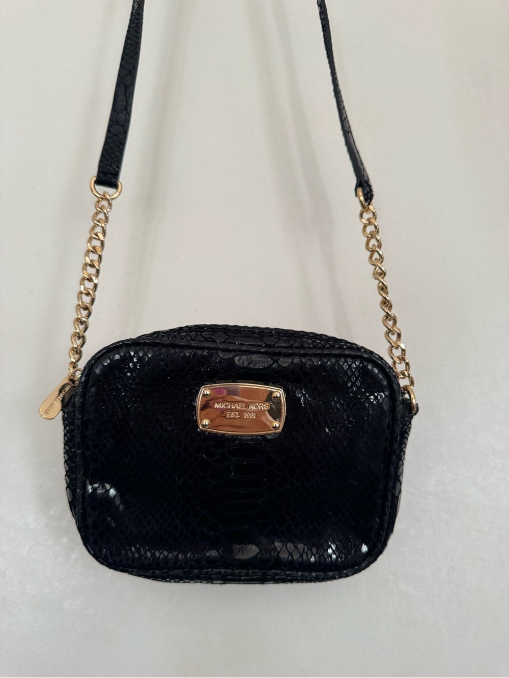 Michael Kors Black Snake-Embossed Crossbody with Gold Hardware